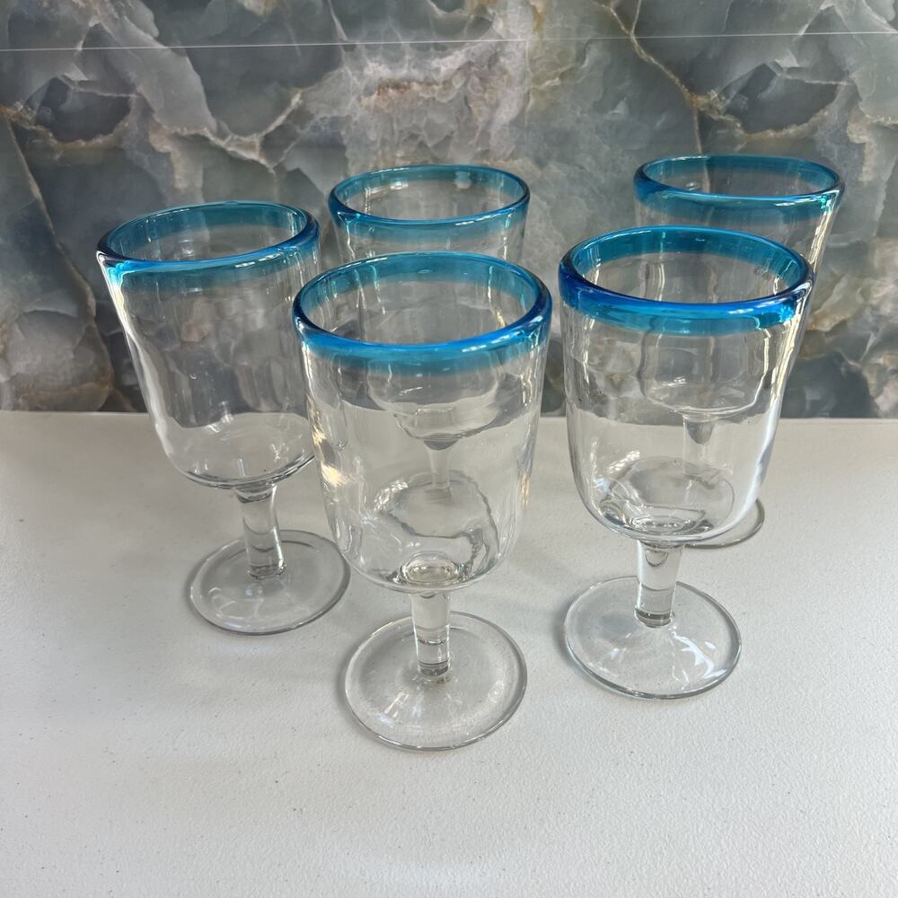 Wine Glasses Set of 5 Blue Rim 7.5" Goblet